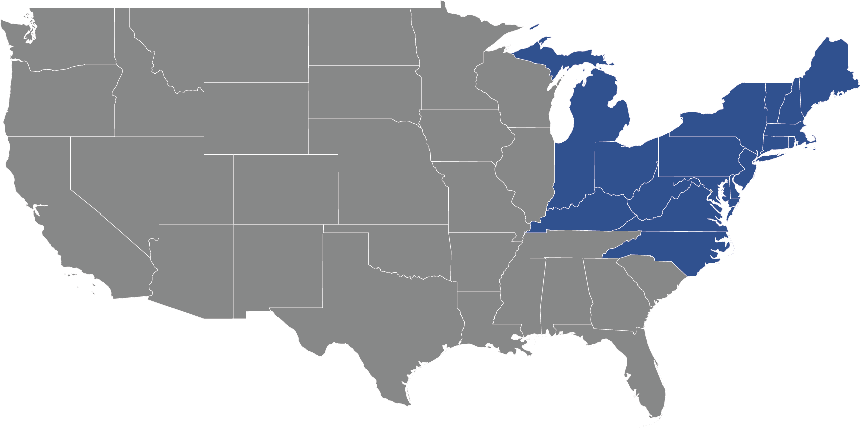 Image of USA with Connecticut, Delaware, Indiana, Kentucky, Maine, Maryland, Massachusetts, Michigan (Eastern Region), New Hampshire, North Carolina, New Jersey, New York, Ohio, Pennsylvania, Rhode Island, Vermont, and Virginia