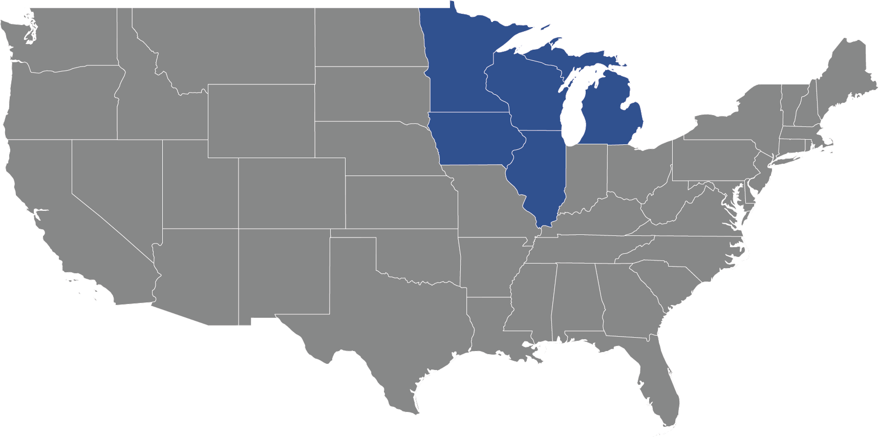 Image of USA with Illinois, Iowa, Michigan (Upper Region), Minnesota, and Wisconsin.