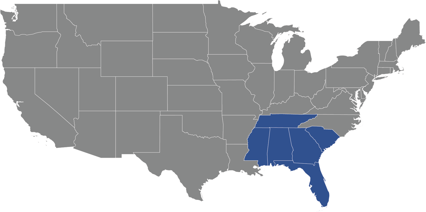 Image of USA with Alabama, Florida, Georgia, Mississippi, South Carolina, and Tennessee
